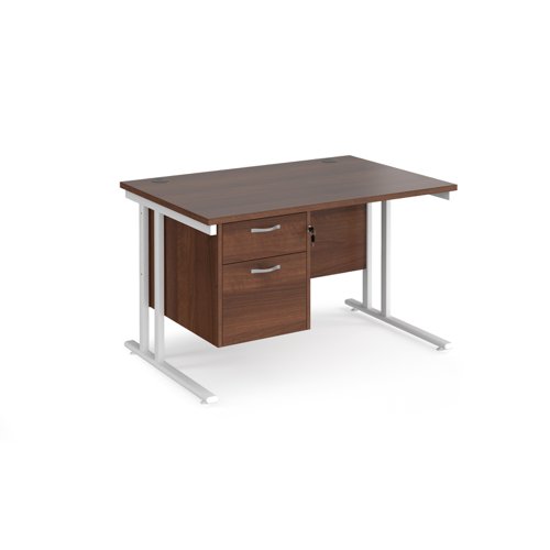 Maestro 25 straight desk 1200mm x 800mm with 2 drawer pedestal - white cantilever leg frame, walnut top MC12P2WHW Buy online at Office 5Star or contact us Tel 01594 810081 for assistance