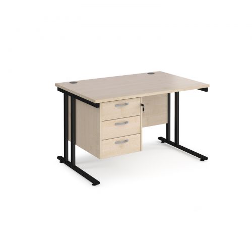 Maestro 25 straight desk 1200mm x 800mm with 3 drawer pedestal - black cantilever leg frame and maple top