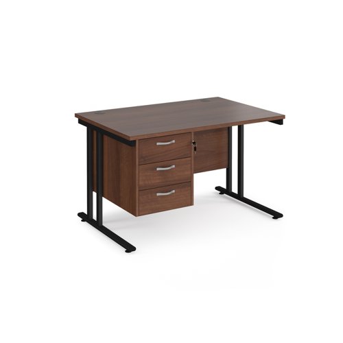 Maestro 25 straight desk 1200mm x 800mm with 3 drawer pedestal - black cantilever leg frame and walnut top