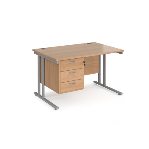 Maestro 25 straight desk 1200mm x 800mm with 3 drawer pedestal - silver cantilever leg frame and beech top