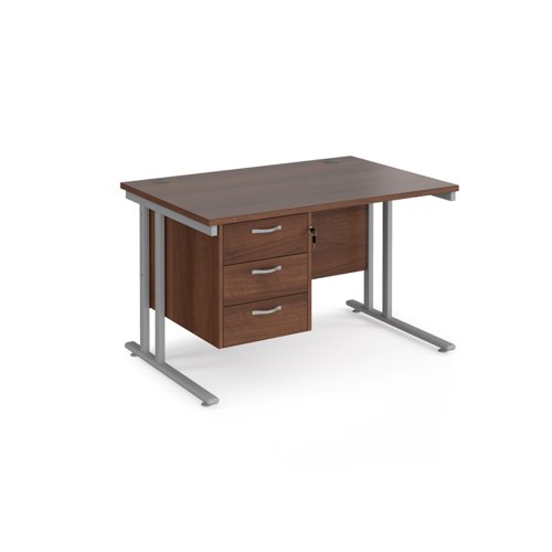 Maestro 25 straight desk 1200mm x 800mm with 3 drawer pedestal - silver cantilever leg frame and walnut top