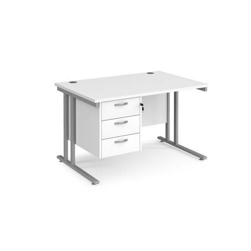 Maestro 25 straight desk 1200mm x 800mm with 3 drawer pedestal - silver cantilever leg frame and white top