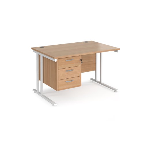 Maestro 25 straight desk 1200mm x 800mm with 3 drawer pedestal - white cantilever leg frame, beech top