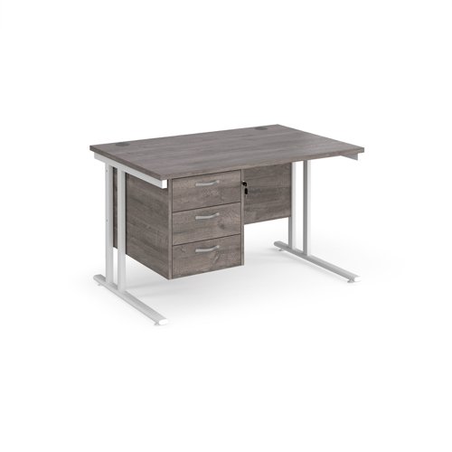 Maestro 25 straight desk 1200mm x 800mm with 3 drawer pedestal - white cantilever leg frame, grey oak top