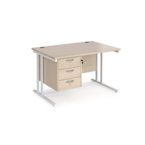 Maestro 25 straight desk 1200mm x 800mm with 3 drawer pedestal - white cantilever leg frame and maple top