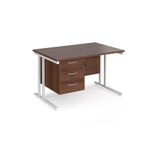 Maestro 25 straight desk 1200mm x 800mm with 3 drawer pedestal - white cantilever leg frame and walnut top