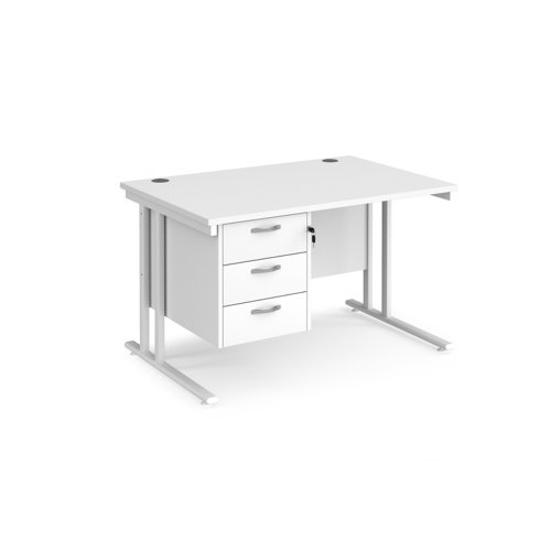 Maestro 25 straight desk 1200mm x 800mm with 3 drawer pedestal - white cantilever leg frame and white top