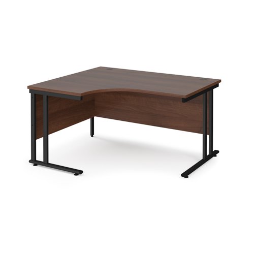 Maestro 25 left hand ergonomic desk 1400mm wide - black cantilever leg frame, walnut top MC14ELKW Buy online at Office 5Star or contact us Tel 01594 810081 for assistance