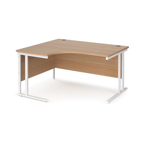 Maestro 25 left hand ergonomic desk 1400mm wide - white cantilever leg frame, beech top MC14ELWHB Buy online at Office 5Star or contact us Tel 01594 810081 for assistance