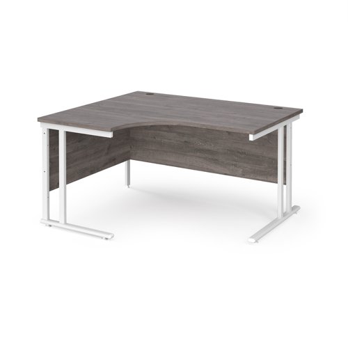 Maestro 25 left hand ergonomic desk 1400mm wide - white cantilever leg frame, grey oak top MC14ELWHGO Buy online at Office 5Star or contact us Tel 01594 810081 for assistance