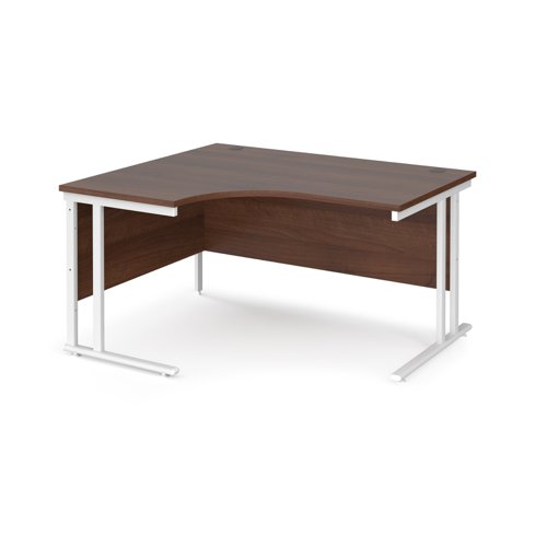Maestro 25 left hand ergonomic desk 1400mm wide - white cantilever leg frame, walnut top