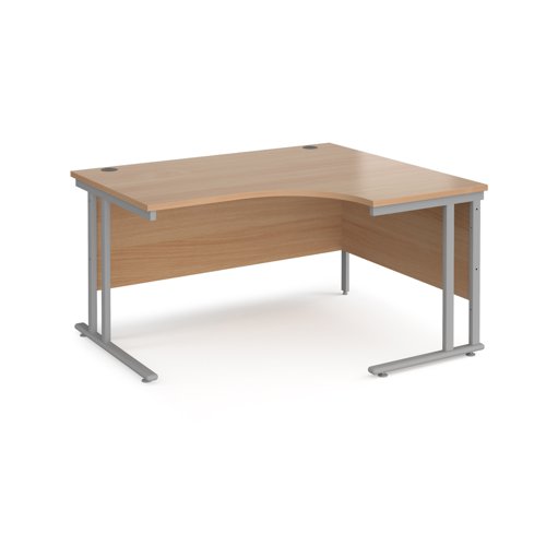 Maestro 25 right hand ergonomic desk 1400mm wide - silver cantilever leg frame, beech top MC14ERSB Buy online at Office 5Star or contact us Tel 01594 810081 for assistance