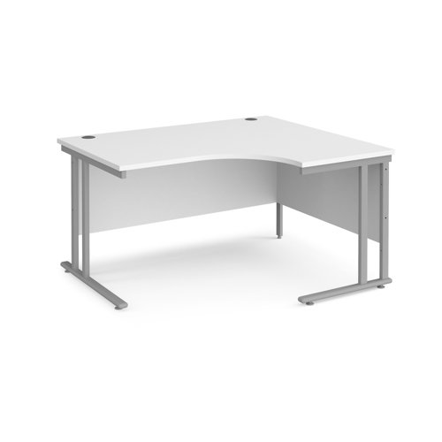 Maestro 25 right hand ergonomic desk 1400mm wide - silver cantilever leg frame, white top MC14ERSWH Buy online at Office 5Star or contact us Tel 01594 810081 for assistance