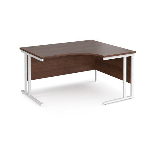 Maestro 25 right hand ergonomic desk 1400mm wide - white cantilever leg frame, walnut top