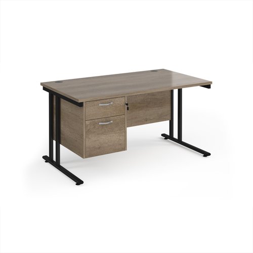 Maestro 25 straight desk 1400mm x 800mm with 2 drawer pedestal - black cantilever leg frame, Nebraska oak top