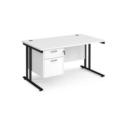 Maestro 25 straight desk 1400mm x 800mm with 2 drawer pedestal - black cantilever leg frame, white top MC14P2KWH Buy online at Office 5Star or contact us Tel 01594 810081 for assistance