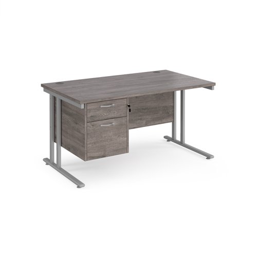 Maestro 25 straight desk 1400mm x 800mm with 2 drawer pedestal - silver cantilever leg frame, grey oak top Office Desks MC14P2SGO