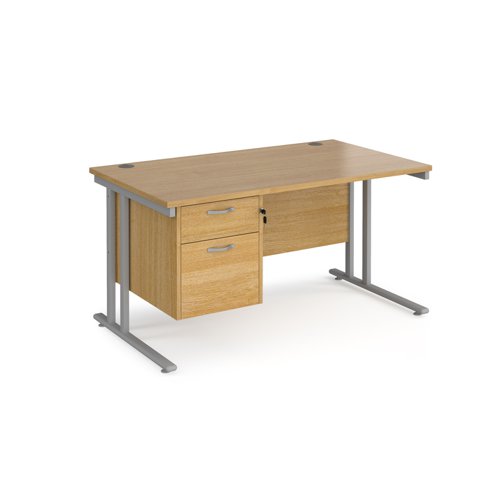 Maestro 25 straight desk 1400mm x 800mm with 2 drawer pedestal - silver cantilever leg frame, oak top