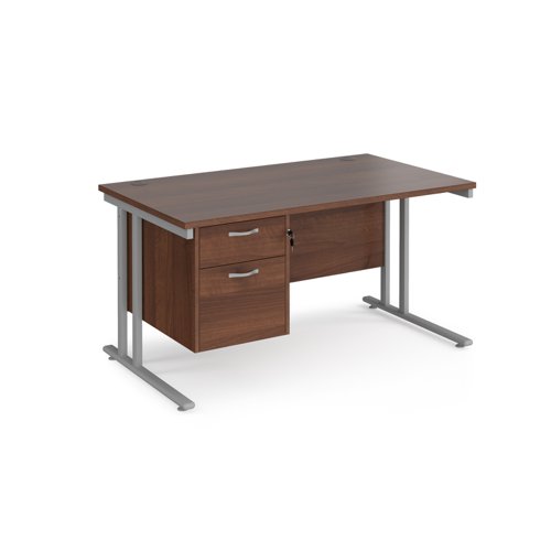Maestro 25 straight desk 1400mm x 800mm with 2 drawer pedestal - silver cantilever leg frame, walnut top MC14P2SW Buy online at Office 5Star or contact us Tel 01594 810081 for assistance