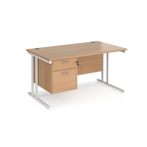 Maestro 25 straight desk 1400mm x 800mm with 2 drawer pedestal - white cantilever leg frame, beech top