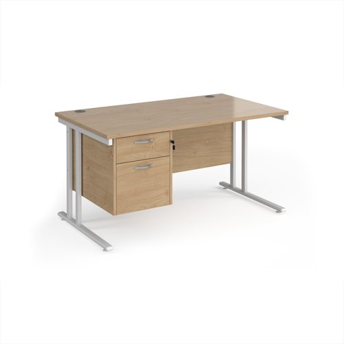 Maestro 25 straight desk 1400mm x 800mm with 2 drawer pedestal - white cantilever leg frame, Kendal oak top