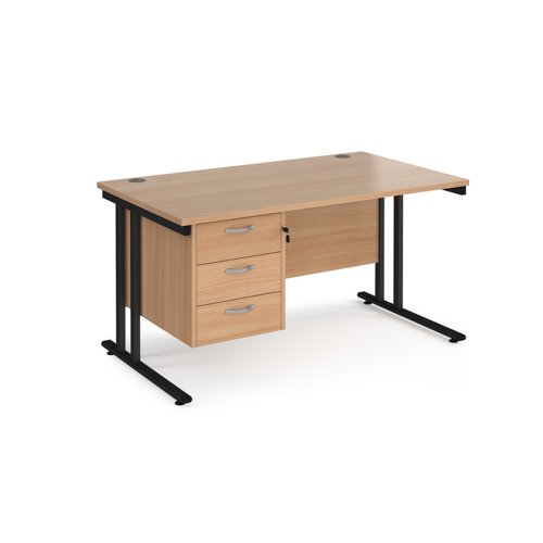 Maestro 25 straight desk 1400mm x 800mm with 3 drawer pedestal - black cantilever leg frame and beech top