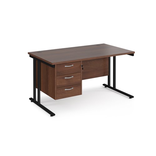 Maestro 25 straight desk 1400mm x 800mm with 3 drawer pedestal - black cantilever leg frame and walnut top