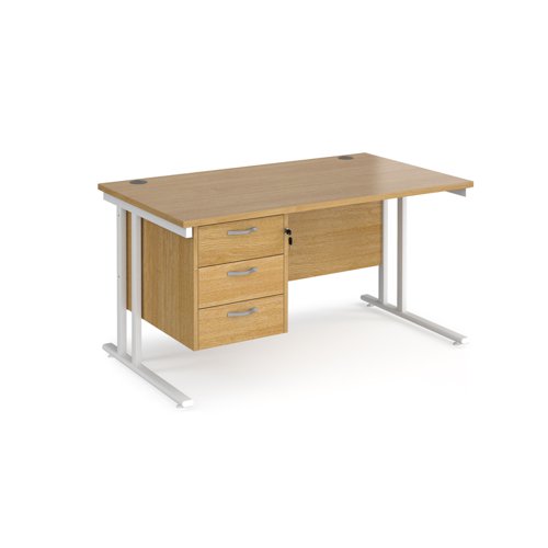 Maestro 25 straight desk 1400mm x 800mm with 3 drawer pedestal - white cantilever leg frame and oak top