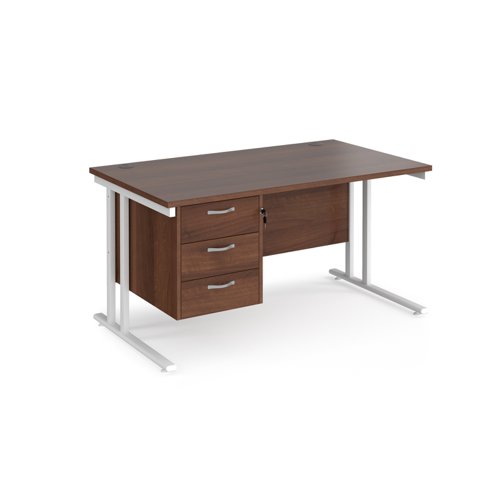 Maestro 25 straight desk 1400mm x 800mm with 3 drawer pedestal - white cantilever leg frame, walnut top