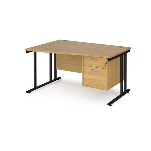 Maestro 25 left hand wave desk 1400mm wide with 2 drawer pedestal - black cantilever leg frame, oak top