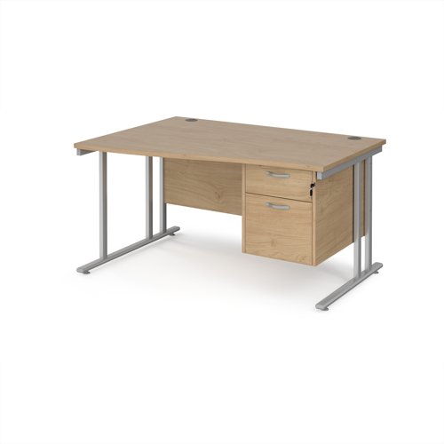 Maestro 25 left hand wave desk 1400mm wide with 2 drawer pedestal - silver cantilever leg frame, Kendal oak top