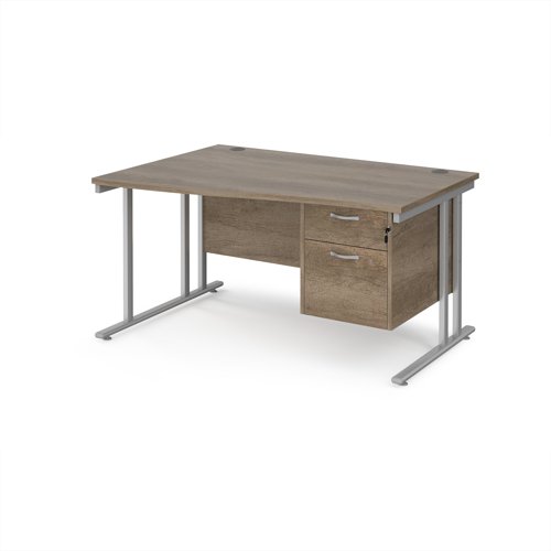 Maestro 25 left hand wave desk 1400mm wide with 2 drawer pedestal - silver cantilever leg frame, Nebraska oak top