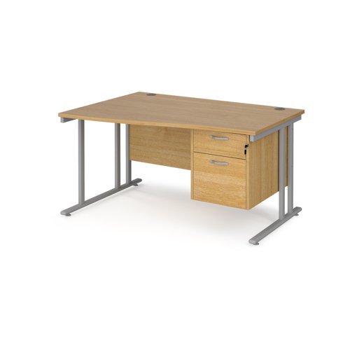 Maestro 25 left hand wave desk 1400mm wide with 2 drawer pedestal - silver cantilever leg frame, oak top