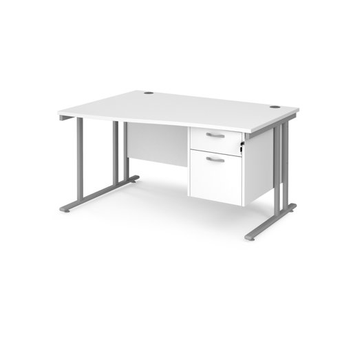 Maestro 25 left hand wave desk 1400mm wide with 2 drawer pedestal - silver cantilever leg frame, white top