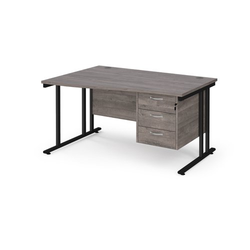 Maestro 25 left hand wave desk 1400mm wide with 3 drawer pedestal - black cantilever leg frame, grey oak top Office Desks MC14WLP3KGO