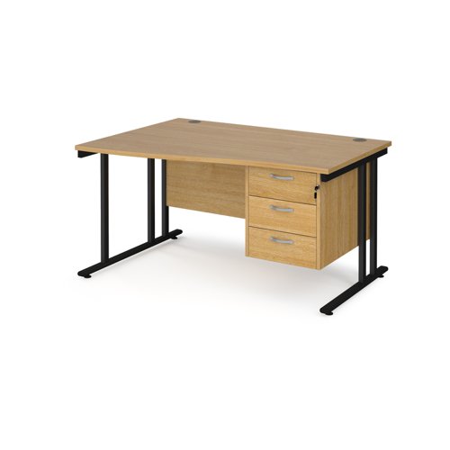 Maestro 25 left hand wave desk 1400mm wide with 3 drawer pedestal - black cantilever leg frame, oak top
