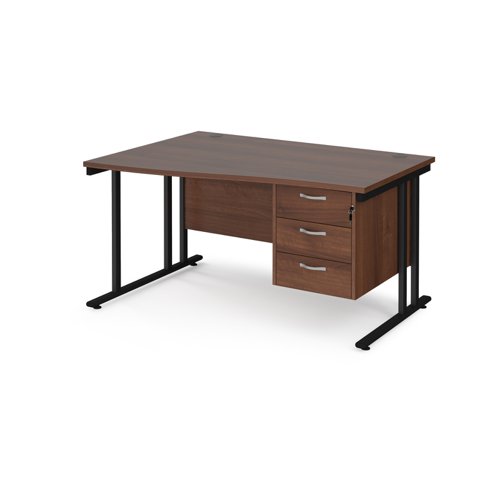 Maestro 25 left hand wave desk 1400mm wide with 3 drawer pedestal - black cantilever leg frame, walnut top