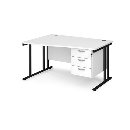 Maestro 25 left hand wave desk 1400mm wide with 3 drawer pedestal - black cantilever leg frame, white top