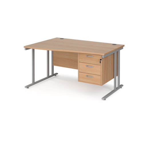 Maestro 25 left hand wave desk 1400mm wide with 3 drawer pedestal - silver cantilever leg frame, beech top