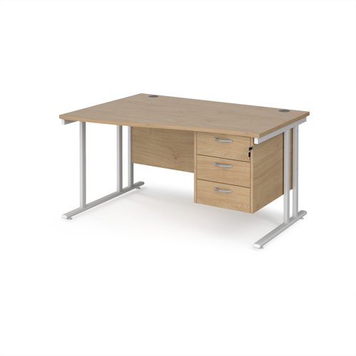 Maestro 25 left hand wave desk 1400mm wide with 3 drawer pedestal - white cantilever leg frame, Kendal oak top