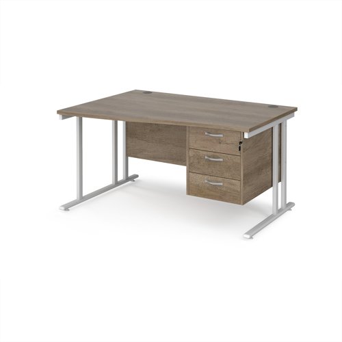 Maestro 25 left hand wave desk 1400mm wide with 3 drawer pedestal - white cantilever leg frame, Nebraska oak top