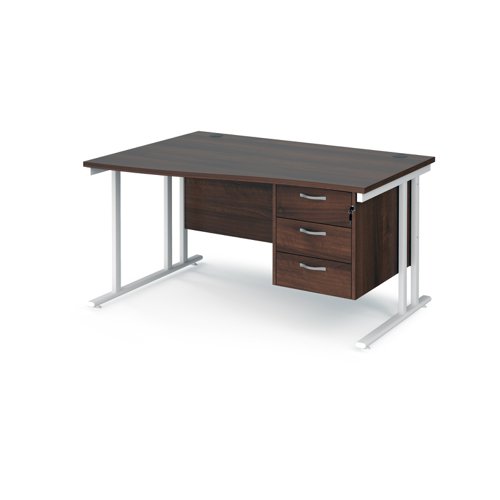 Maestro 25 left hand wave desk 1400mm wide with 3 drawer pedestal - white cantilever leg frame, walnut top
