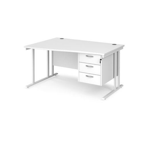 Maestro 25 left hand wave desk 1400mm wide with 3 drawer pedestal - white cantilever leg frame, white top