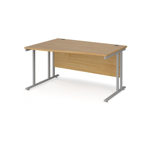 Maestro 25 left hand wave desk 1400mm wide - silver cantilever leg frame, oak top