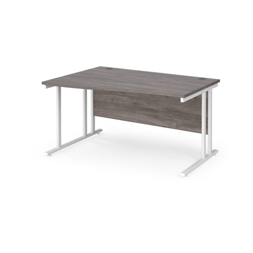 Maestro 25 left hand wave desk 1400mm wide - white cantilever leg frame, grey oak top MC14WLWHGO Buy online at Office 5Star or contact us Tel 01594 810081 for assistance