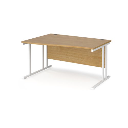 Maestro 25 left hand wave desk 1400mm wide - white cantilever leg frame, oak top MC14WLWHO Buy online at Office 5Star or contact us Tel 01594 810081 for assistance