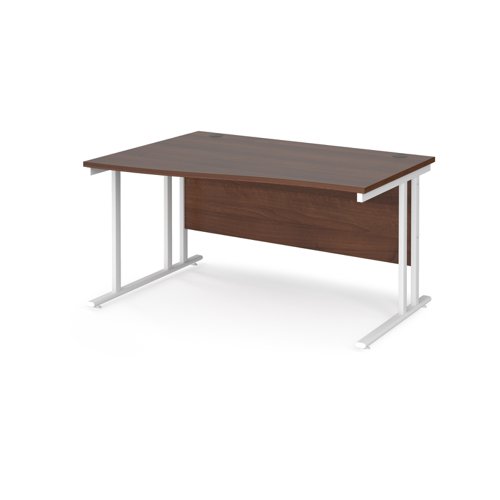 Maestro 25 left hand wave desk 1400mm wide - white cantilever leg frame, walnut top MC14WLWHW Buy online at Office 5Star or contact us Tel 01594 810081 for assistance