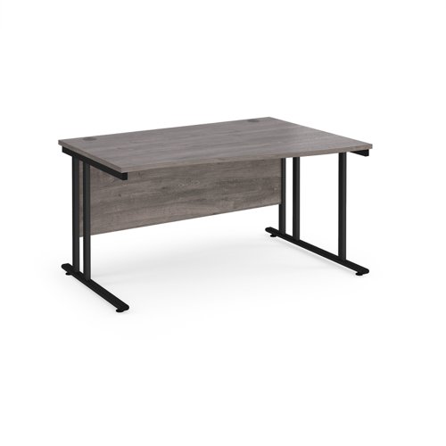 Maestro 25 right hand wave desk 1400mm wide - black cantilever leg frame, grey oak top MC14WRKGO Buy online at Office 5Star or contact us Tel 01594 810081 for assistance