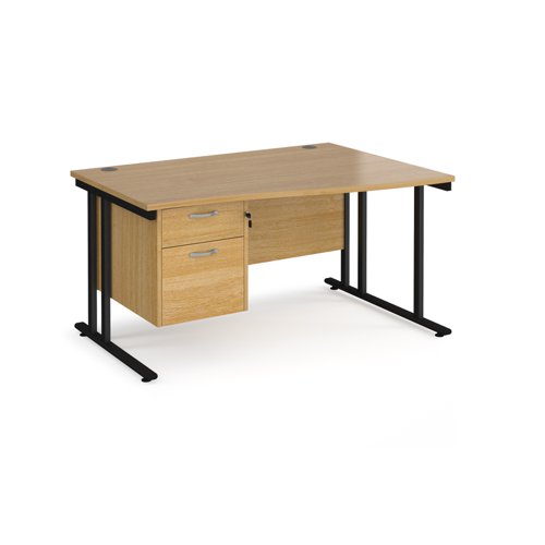 Maestro 25 right hand wave desk 1400mm wide with 2 drawer pedestal - black cantilever leg frame, oak top