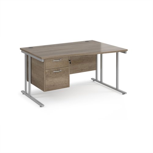 Maestro 25 right hand wave desk 1400mm wide with 2 drawer pedestal - silver cantilever leg frame, Nebraska oak top